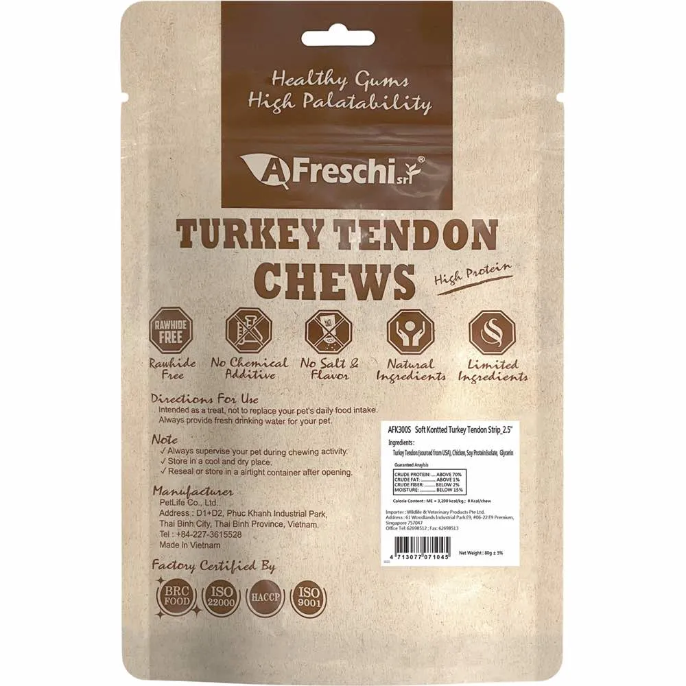 15% OFF: AFreschi Soft Knotted Turkey Tendon Strip Dog Treats 80g