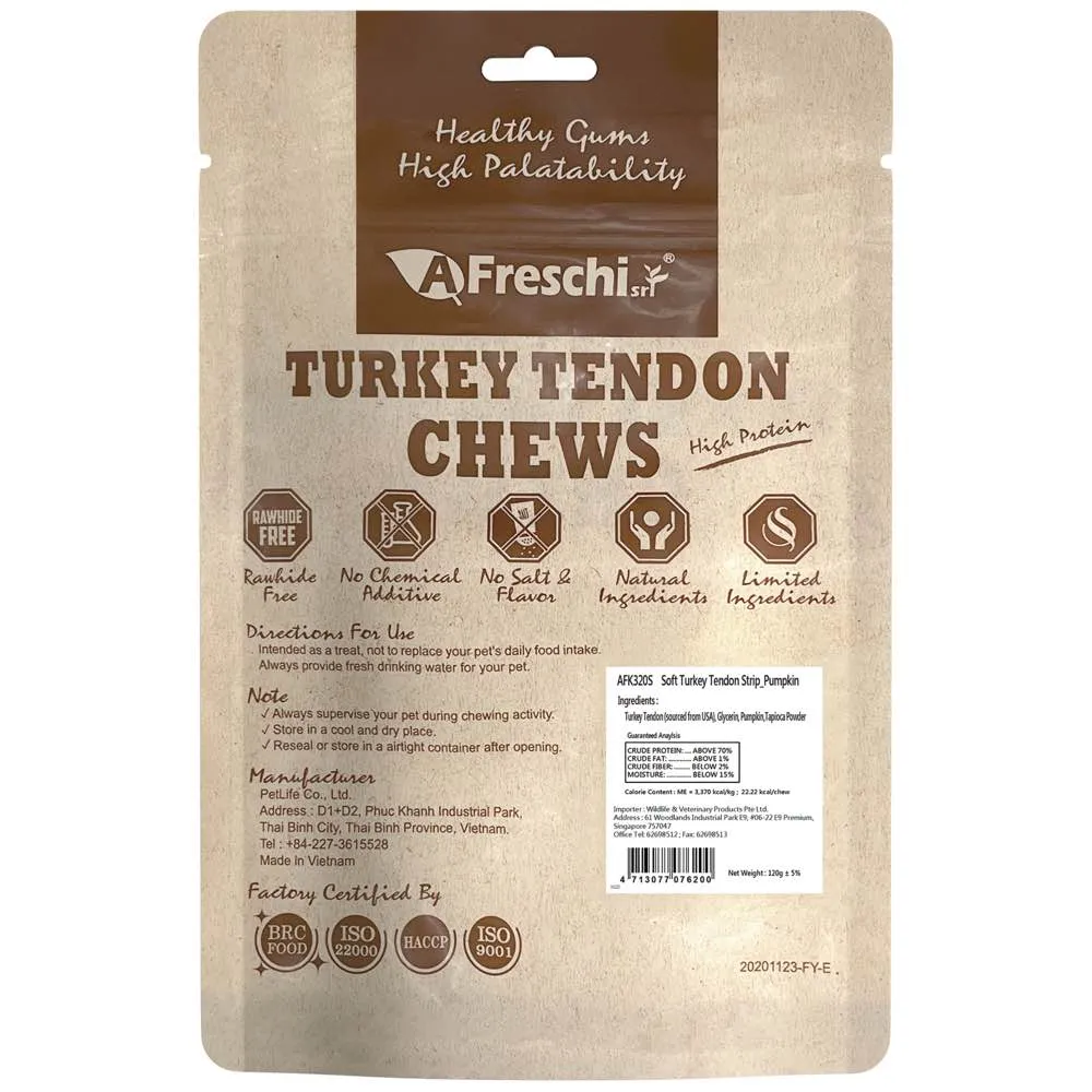 15% OFF: AFreschi Soft Turkey Tendon Strip (Pumpkin) Dog Treats 120g