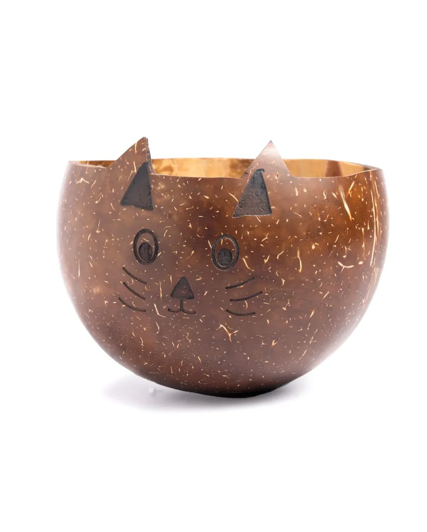 Animal Design Brown Coconut Shell Cat Bowl | 4 x 4 x 3 inches