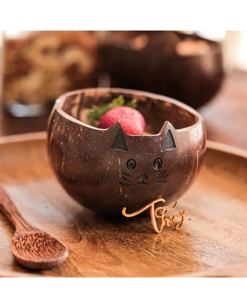 Animal Design Brown Coconut Shell Cat Bowl | 4 x 4 x 3 inches