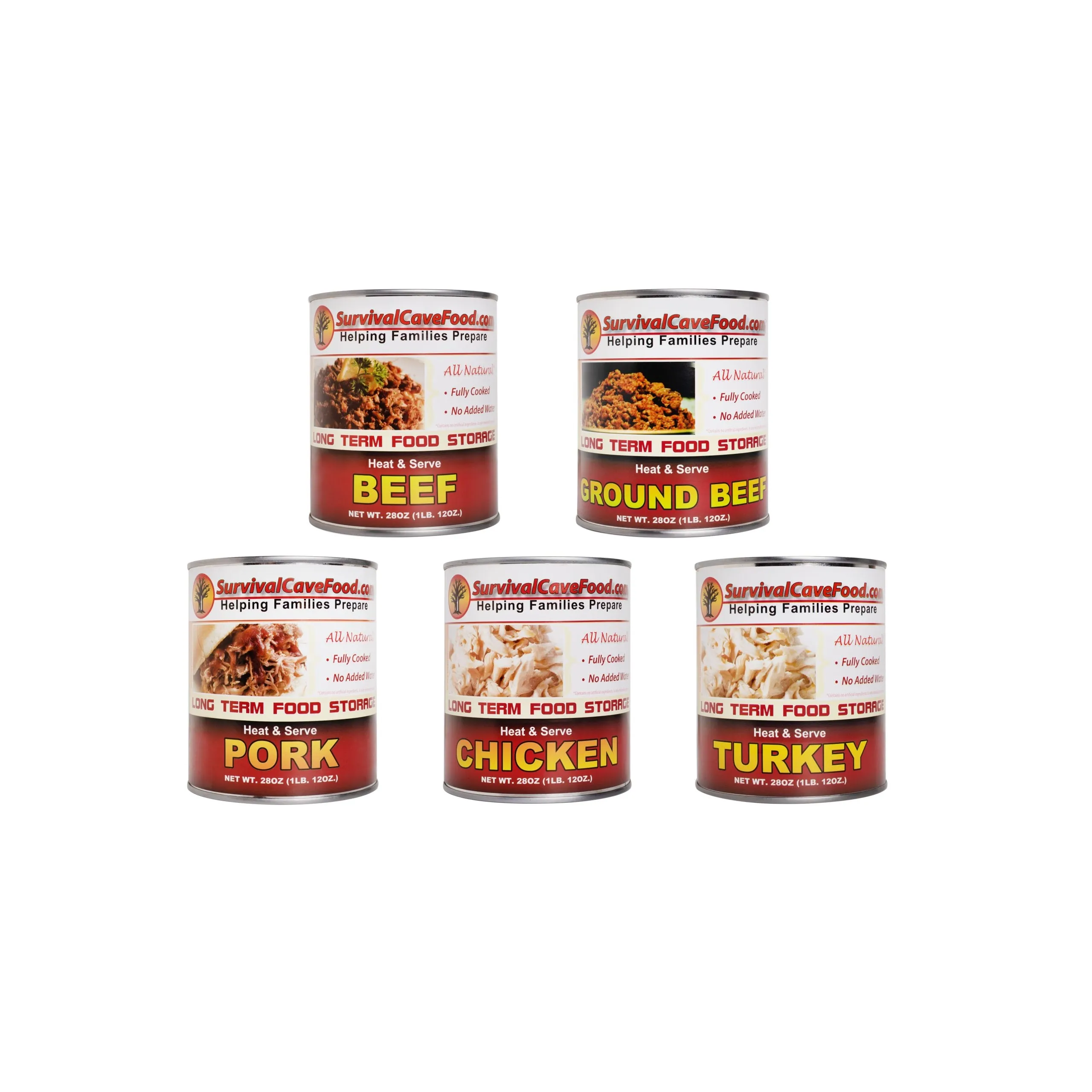 Survival Cave Mixed 12 – 28 oz Cans – 3 Chicken, 3 Turkey, 3 Pork, 3 Ground Beef – Ready to Eat Canned Meat – Full Case